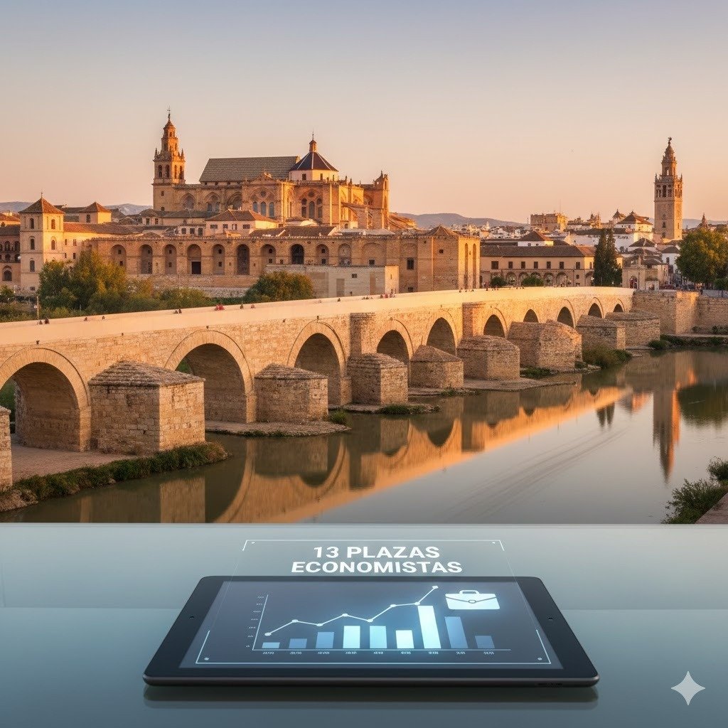 Panorámica de la Mezquita de Córdoba y el Puente Romano con una tablet en primer plano que muestra gráficos financieros y el texto 13 plazas economistas, representando la oferta de empleo público.