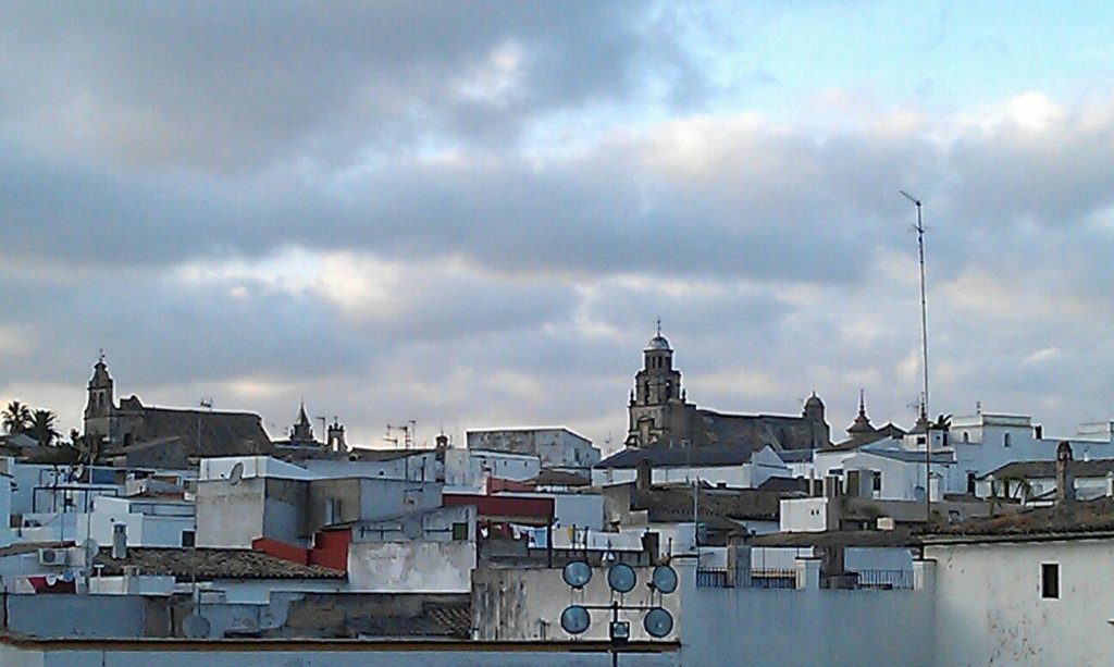 Panorámica real de los tejados e iglesias de Jerez de la Frontera bajo un cielo nublado por la llegada de la borrasca Marta.