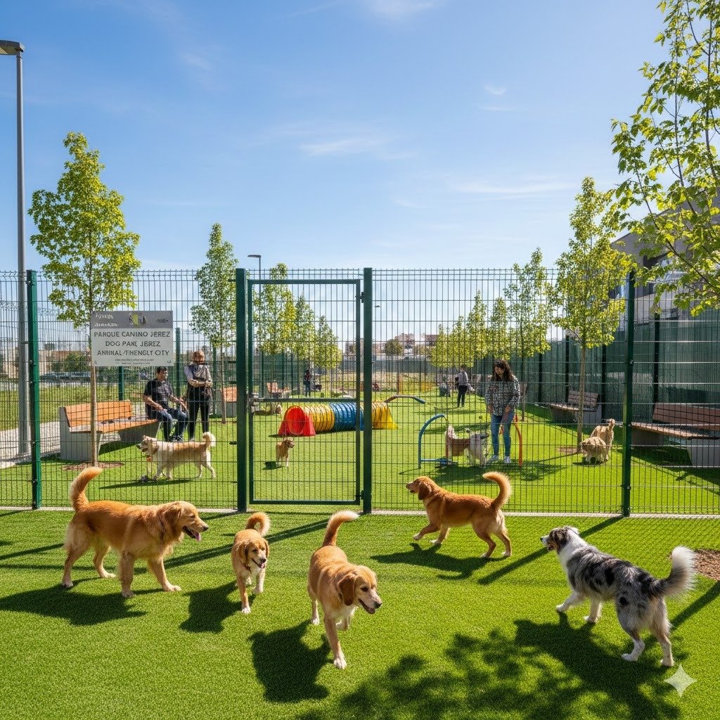 Perros disfrutando de los nuevos parques caninos en Jerez y provincia de Cádiz en un entorno de bienestar animal y zonas verdes.