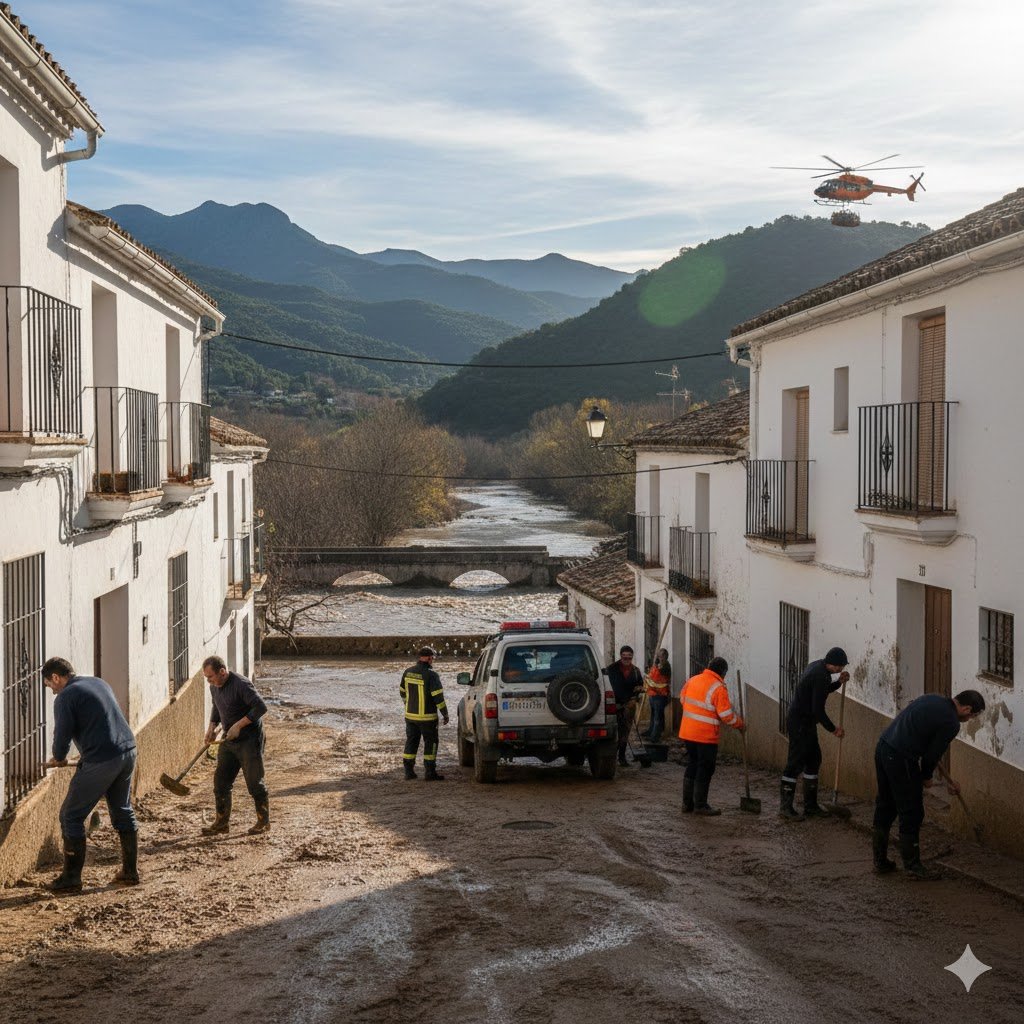 Operarios de emergencia y vecinos limpian lodo en una calle de la provincia de Cádiz tras las inundaciones provocadas por el temporal.