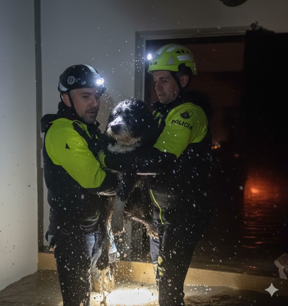 Agentes de emergencias rescatando a un perro de aguas en una vivienda inundada durante la noche en San Martín del Tesorillo, Cádiz.