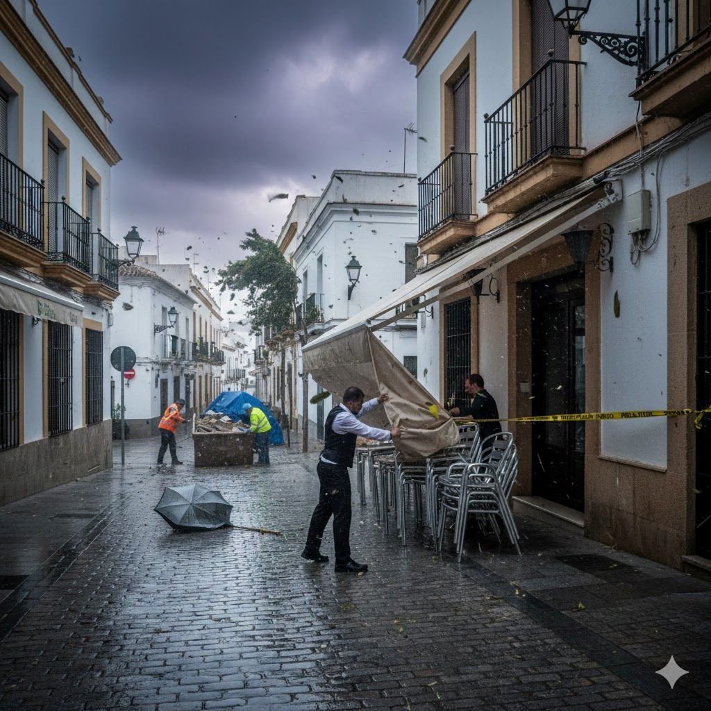 Operarios y hosteleros realizando la retirada de terrazas en Jerez por alerta meteorológica de fuerte viento para garantizar la seguridad vial.