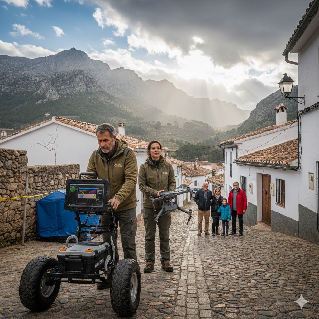 Técnicos especialistas del CSIC operan un georradar y un dron de supervisión en una calle empedrada de Grazalema, mientras una familia observa el despliegue de seguridad geológica bajo las montañas de la Sierra de Cádiz.