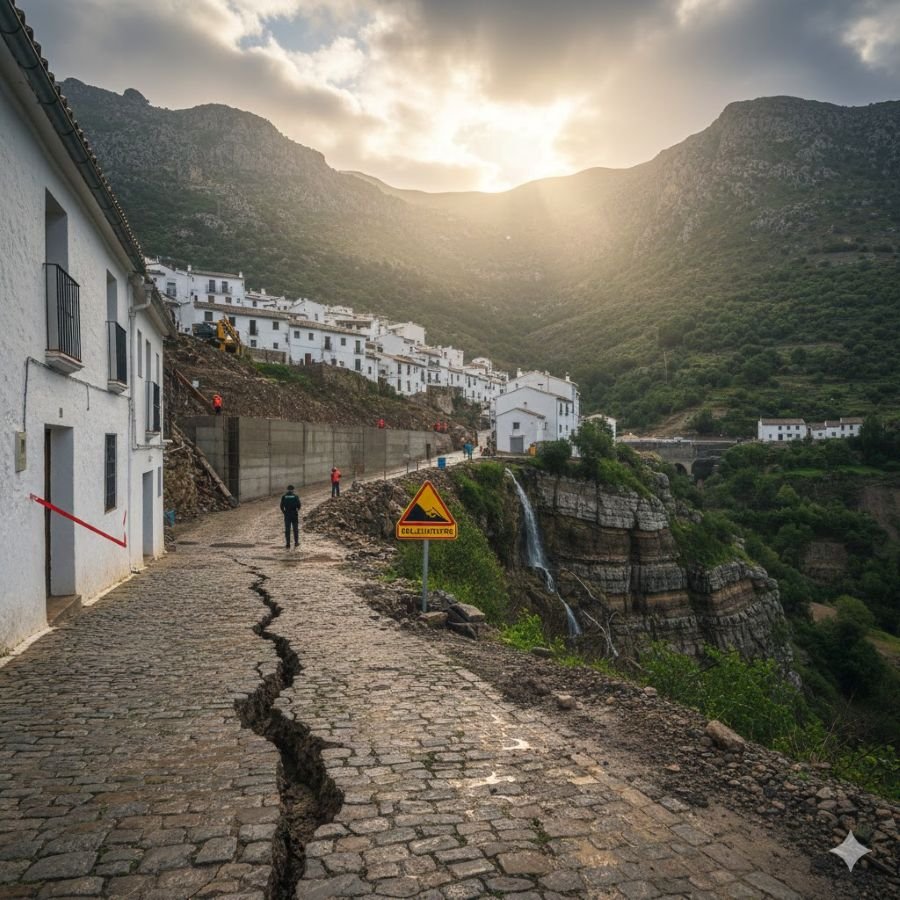 Grieta profunda en calle empedrada de Grazalema con maquinaria de construcción y muros de contención bajo la montaña, ilustrando la inestabilidad y seguridad geológica en Grazalema.