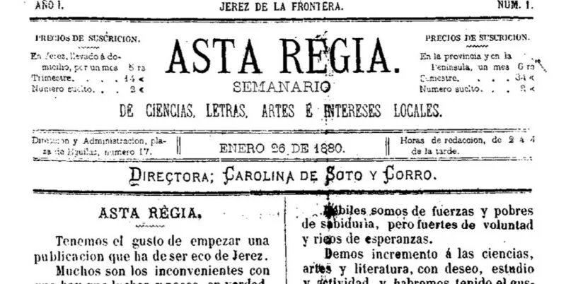 Cabecera del primer número del semanario Asta Regia de Jerez de la Frontera, fechado el 26 de enero de 1880 y dirigido por Carolina de Soto y Corro.
