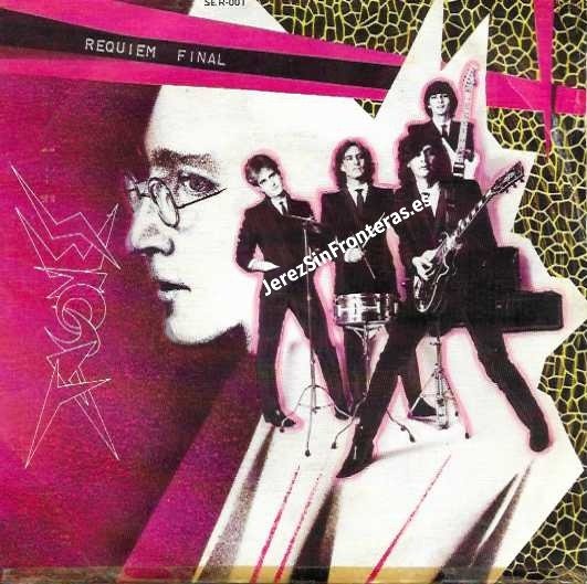 Portada del vinilo promocional Tacones Réquiem Final con diseño Neocasal de Tino Casal en tonos rosa y negro.