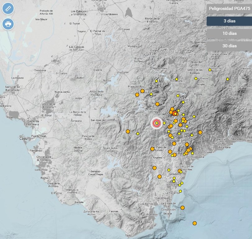 Mapa de actividad sísmica del IGN del 8 de febrero de 2026, mostrando los epicentros en la Sierra de Grazalema y Serranía de Ronda cerca de Jerez.