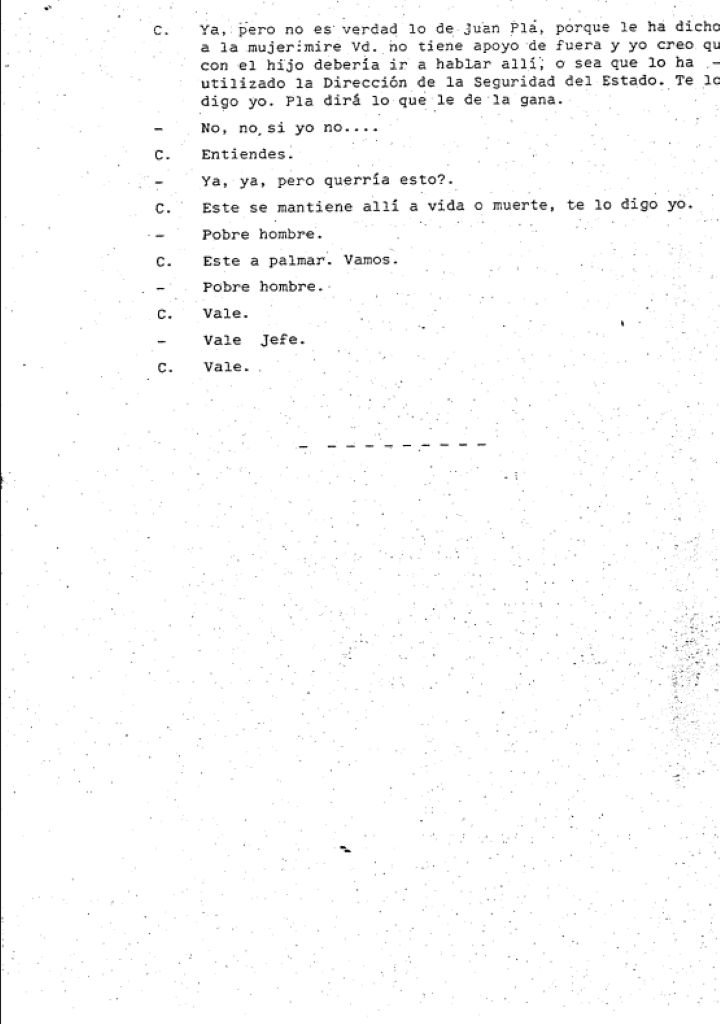 Primera y segunda página de la transcripción oficial desclasificada de una conversación telefónica entre Salvador García Carrés y un interlocutor sobre el 23-F.