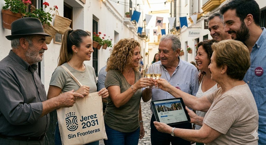 El hombre mayor y la mujer más joven de la imagen_3.png están en la misma calle con guirnaldas de luces. La mujer más joven le muestra al hombre mayor una tablet con la página de Facebook de Jerez 2031. Él sostiene una copa de jerez y ella la bolsa de tela. Ambos sonríen mientras interactúan, rodeados de otros amigos.