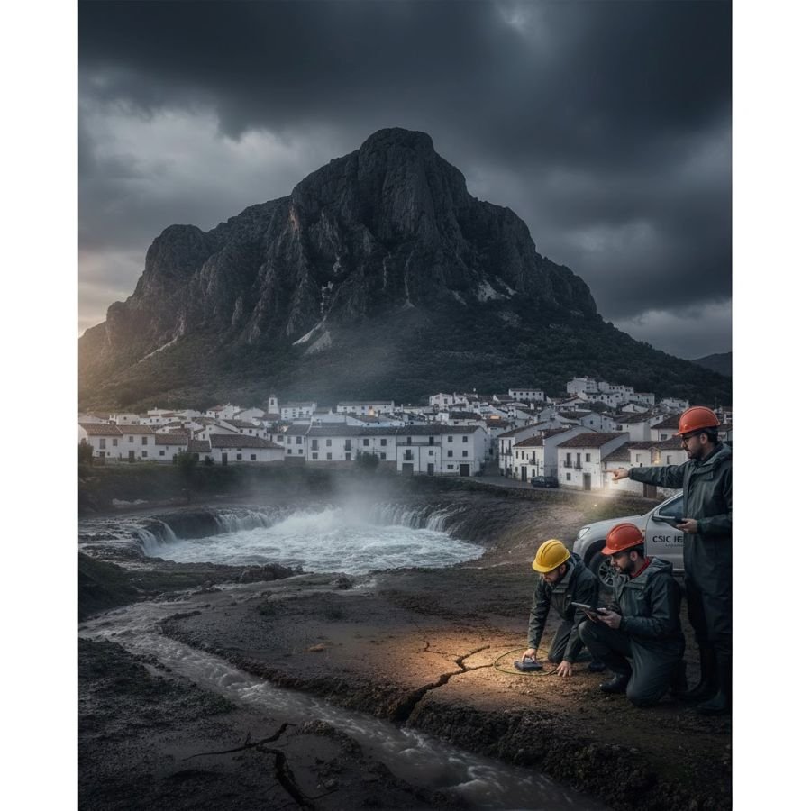 Geólogos del CSIC e IGME monitorizando vibraciones y ruidos subterráneos en Villaluenga del Rosario con sensores sísmicos ante el riesgo de colapso por presión hidrostática.