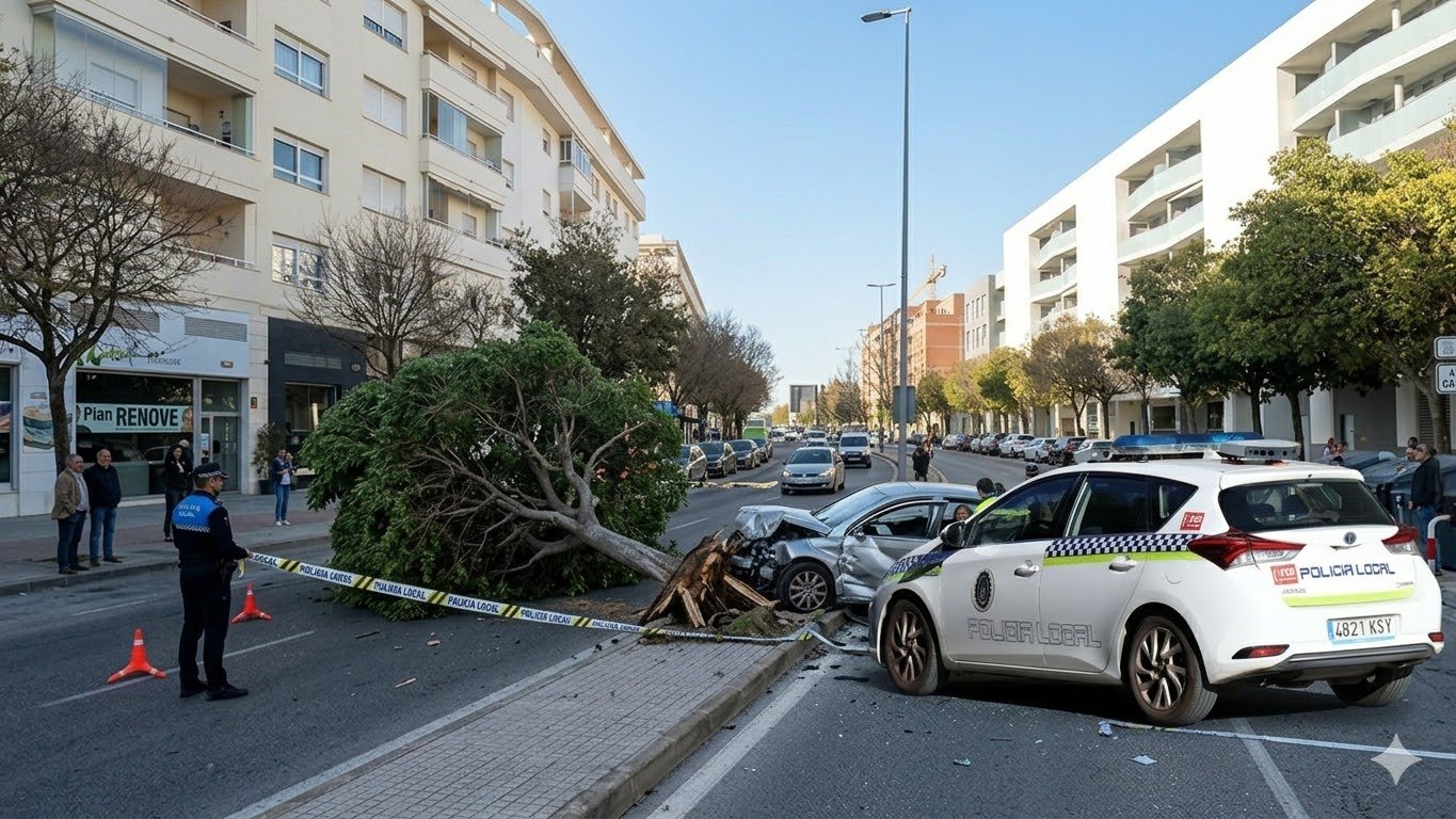 Un conductor herido en Jerez tras chocar contra un árbol en la avenida Caballero Bonald