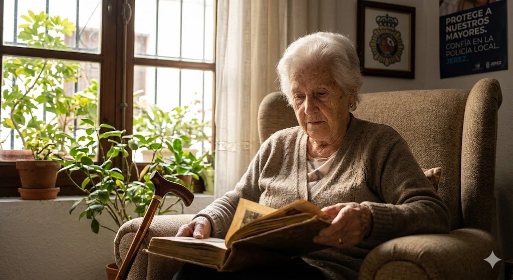 Una anciana jerezana, de cabello blanco, sentada en un sillón de su salón, mira reflexivamente un álbum de fotos. A su lado, su bastón. Al fondo, un cartel de la Policía Local de Jerez que dice 'Protege a nuestros mayores'. La luz natural de una ventana ilumina la escena. Foto fotorrealista que evoca ternura y la necesidad de cuidado.