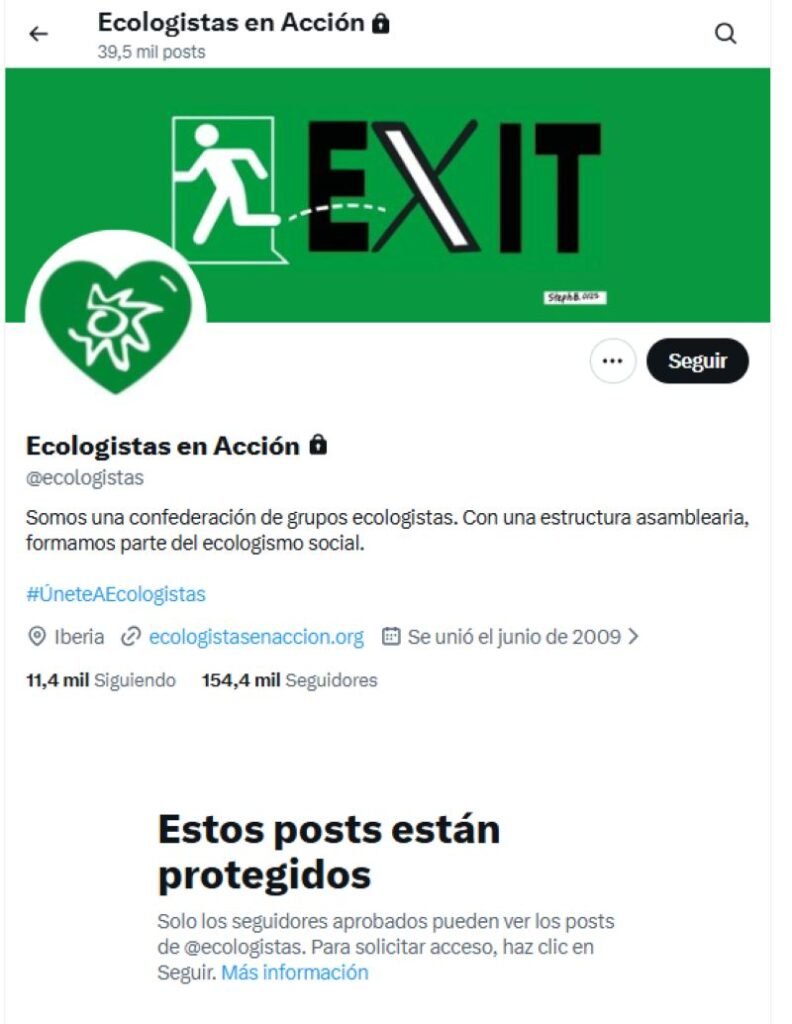 Captura del perfil de Ecologistas en Acción en X (Twitter) mostrando su banner de "EXIT" y el aviso de que sus publicaciones están protegidas.