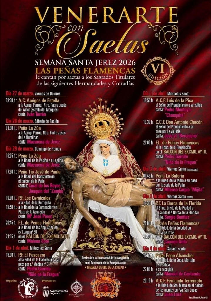 Cartel oficial de 'Venerarte con Saetas' para la Semana Santa de Jerez 2026. Imagen central de la Virgen de las Angustias con Cristo yacente, flanqueada por la programación completa de saetas por días y peñas flamencas. Fondo rojo aterciopelado.
