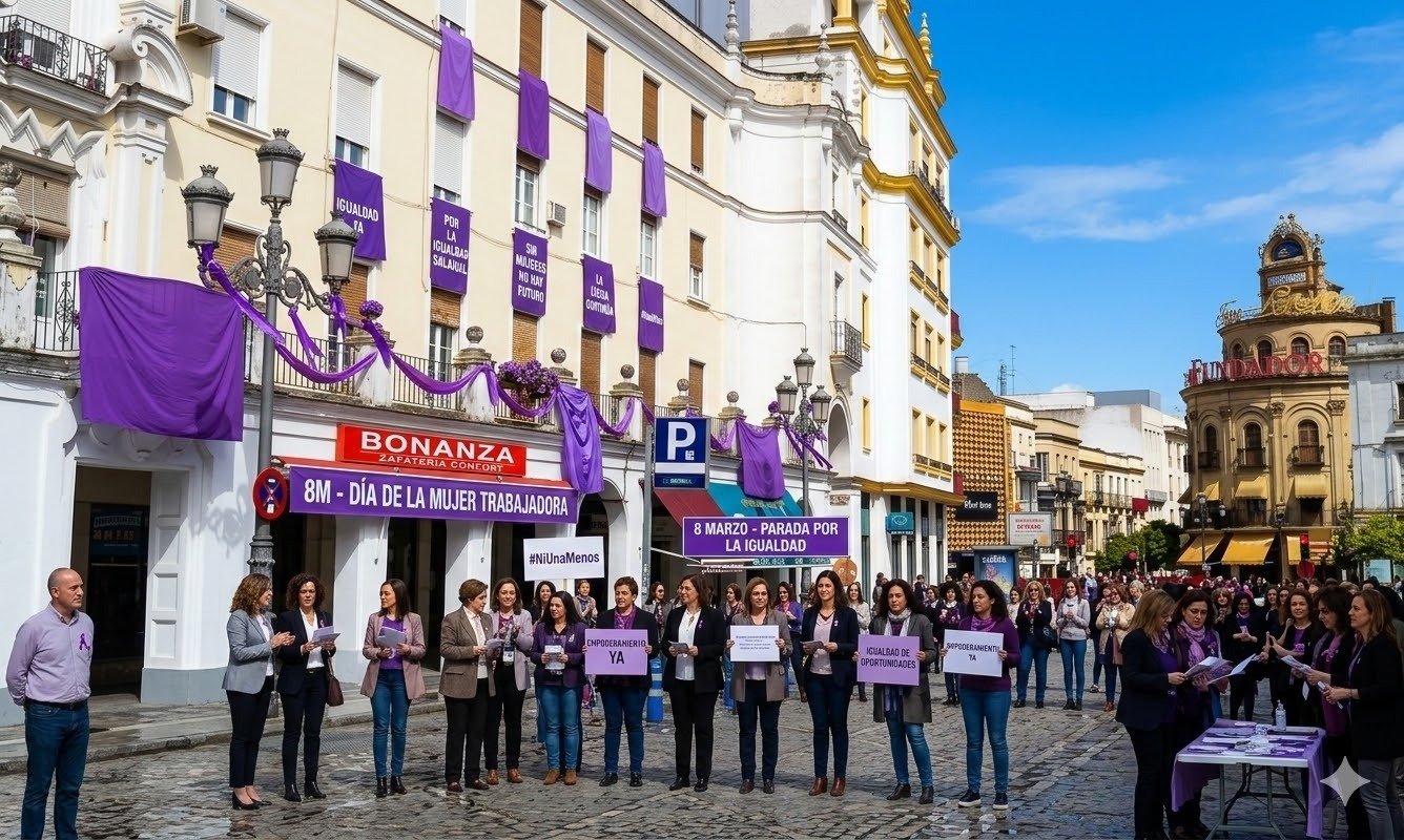 Fotografía fotorrealista de la calle Doña Blanca en Jerez decorada con banderas moradas, mostrando a un grupo de mujeres frente a la zapatería Bonanza con pancartas del Día de la Mujer y el edificio de el Gallo Azul al fondo.