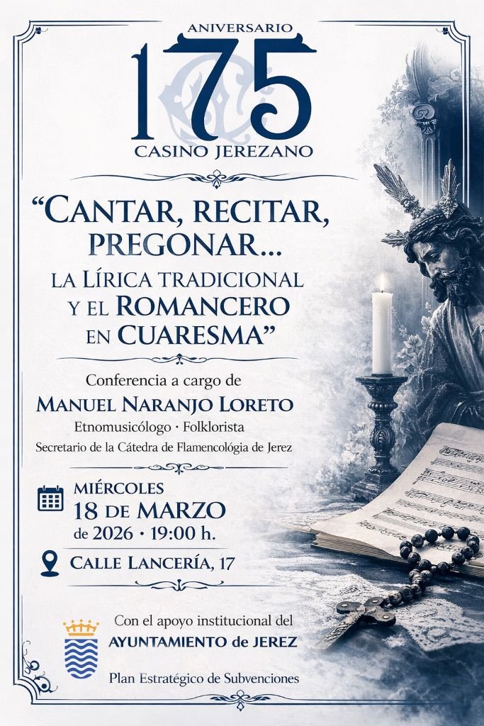 Cartel de la conferencia de Manuel Naranjo Loreto sobre lírica tradicional y romancero en el Casino Jerezano.