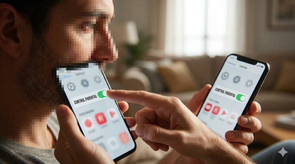Mano de un adulto configurando la opción de Control Parental en la pantalla de un smartphone; imagen fotorrealista con cara pixelada enfocada en la seguridad digital familiar.