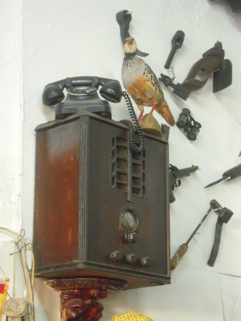 Teléfono antiguo de baquelita negra sobre radio de madera de época decorada con una perdiz disecada 