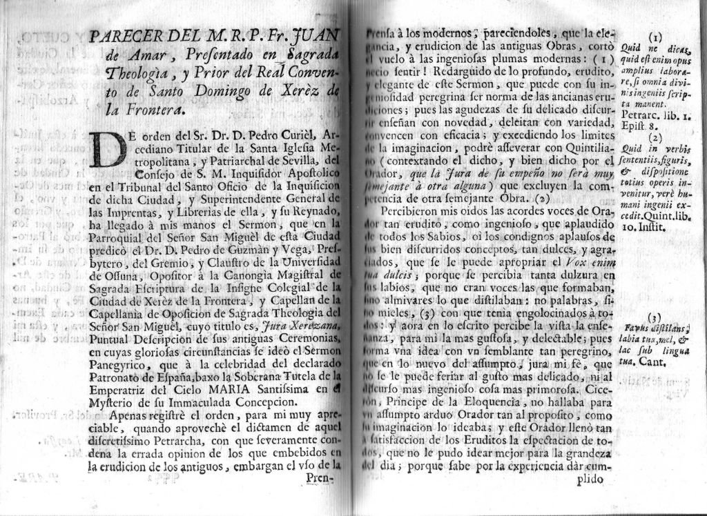 Detalle de la orla decorativa y el inicio del sermón panegírico de la Jura xerezana en la edición de 1761.