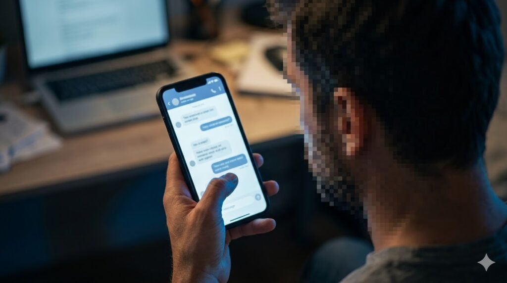 Hombre joven en penumbra sujetando un teléfono móvil con un chat de mensajería abierto; imagen con cara pixelada para ilustrar un caso de grooming y captación de menores en redes sociales.