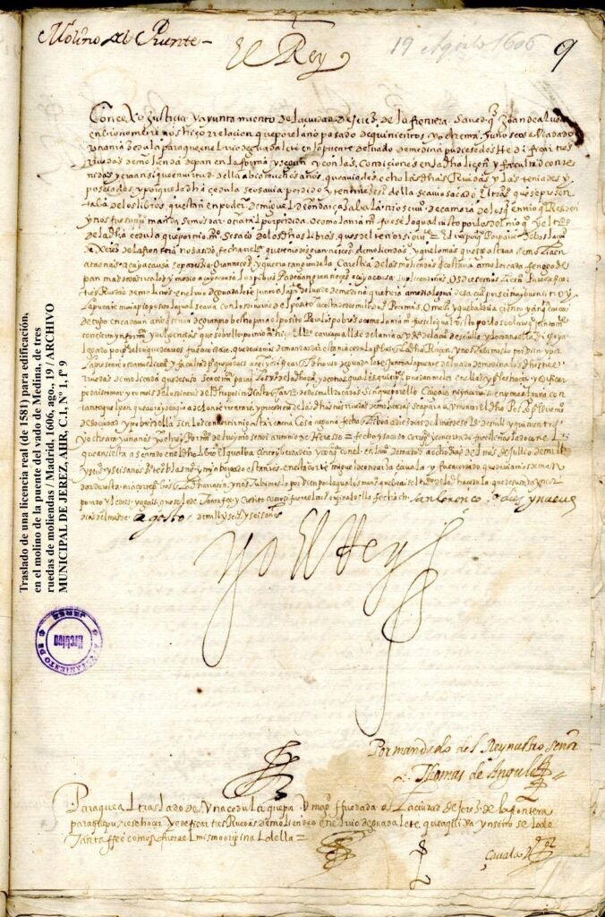 Documento histórico del Archivo Municipal de Jerez con la transcripción de la licencia de Felipe II.