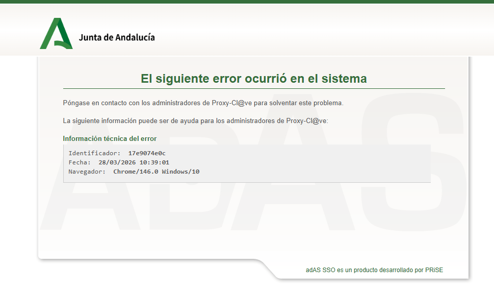 Captura de pantalla de un aviso de error técnico en el portal de la Junta de Andalucía. El mensaje indica: "El siguiente error ocurrió en el sistema" y solicita contactar con los administradores de Proxy-Cl@ve. Se detallan datos técnicos como el identificador de error 17e9074e0c, la fecha 28/03/2026 y el uso del navegador Chrome en Windows 10.
