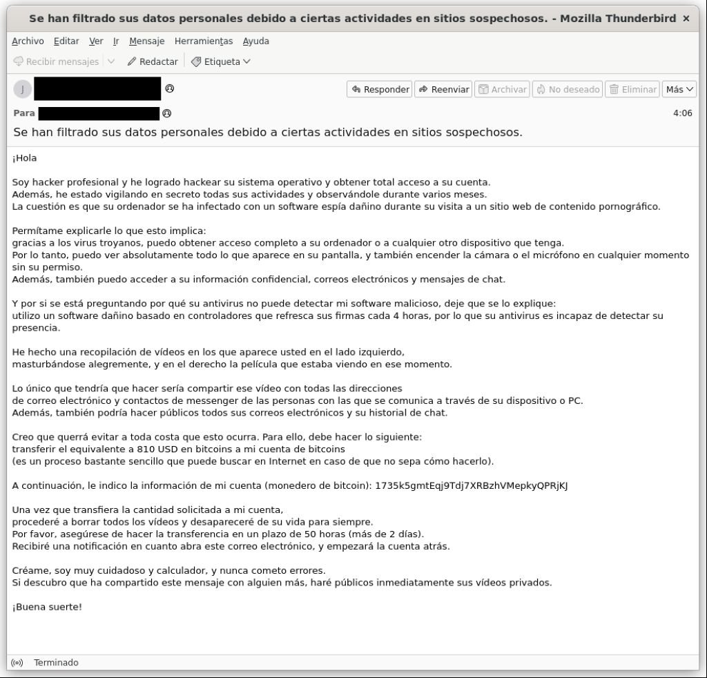 Los correos electrónicos de sextorsión suelen incluir amenazas de difusión de vídeos íntimos y exigen pagos en Bitcoin.