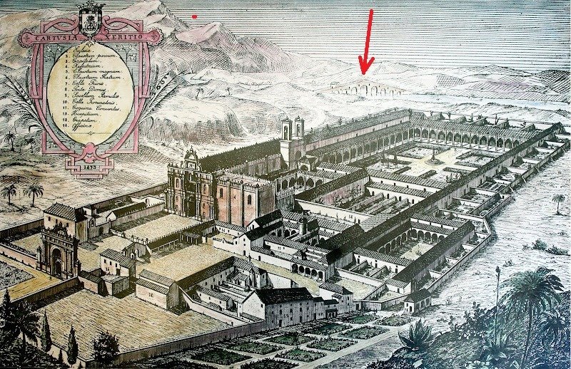 Grabado antiguo de la Cartuja de Jerez con una flecha roja señalando los molinos y el puente sobre el río Guadalete.