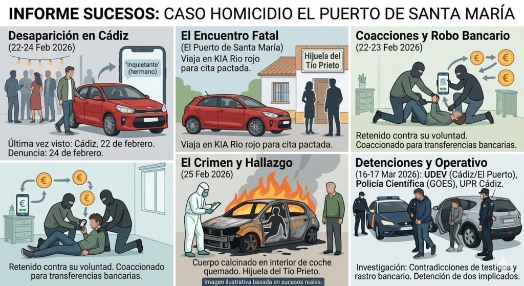 Infografía cronológica del caso: De la desaparición en Cádiz a las detenciones por el homicidio en El Puerto de Santa María.