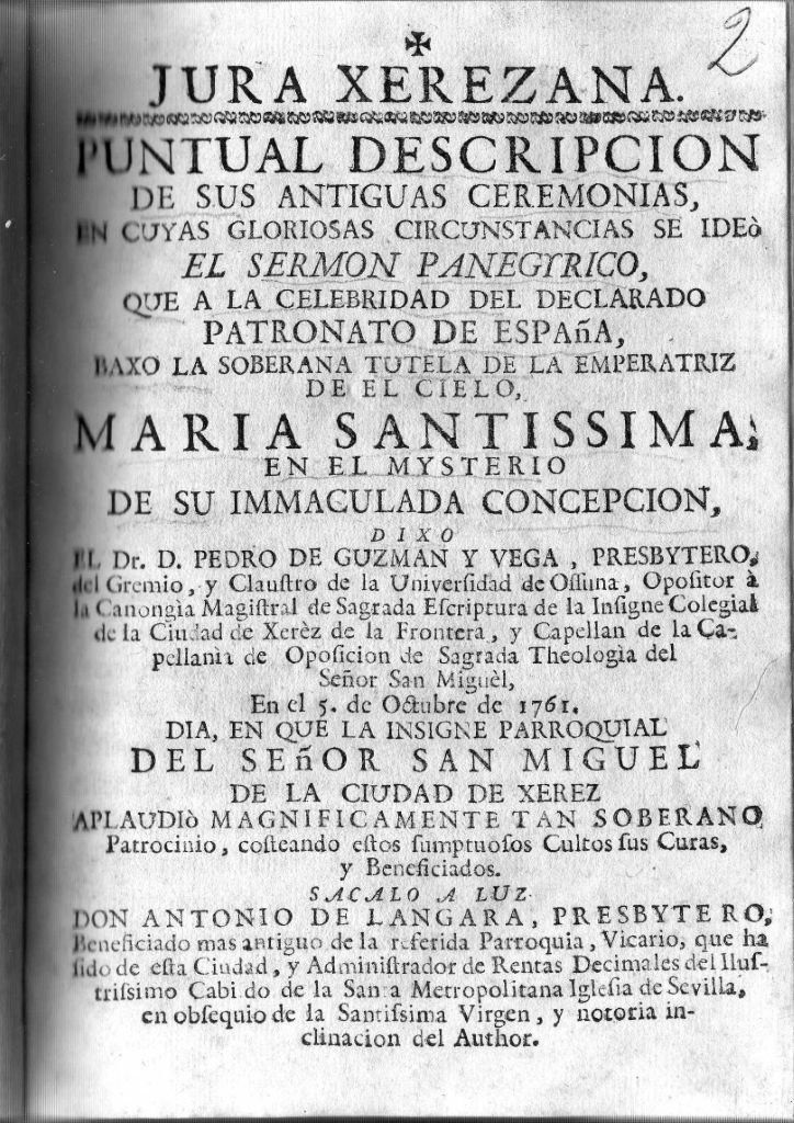 Portada original del libro Jura xerezana impreso en 1761, con tipografía barroca y mención a Pedro de Guzmán y Vega.