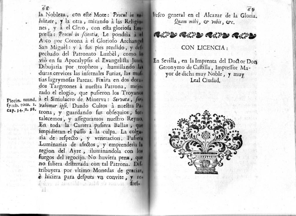 Colofón final del libro con la licencia de impresión en Sevilla por la Viuda de Castilla, año 1761.