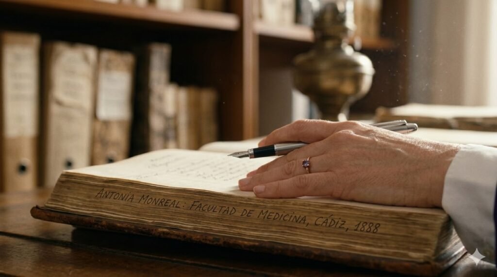 Primer plano fotorrealista de una mano de mujer con un anillo morado sobre un libro de registro antiguo abierto que dice "ANTONIA MONREAL: FACULTAD DE MEDICINA, CÁDIZ, 1888", en un archivo.