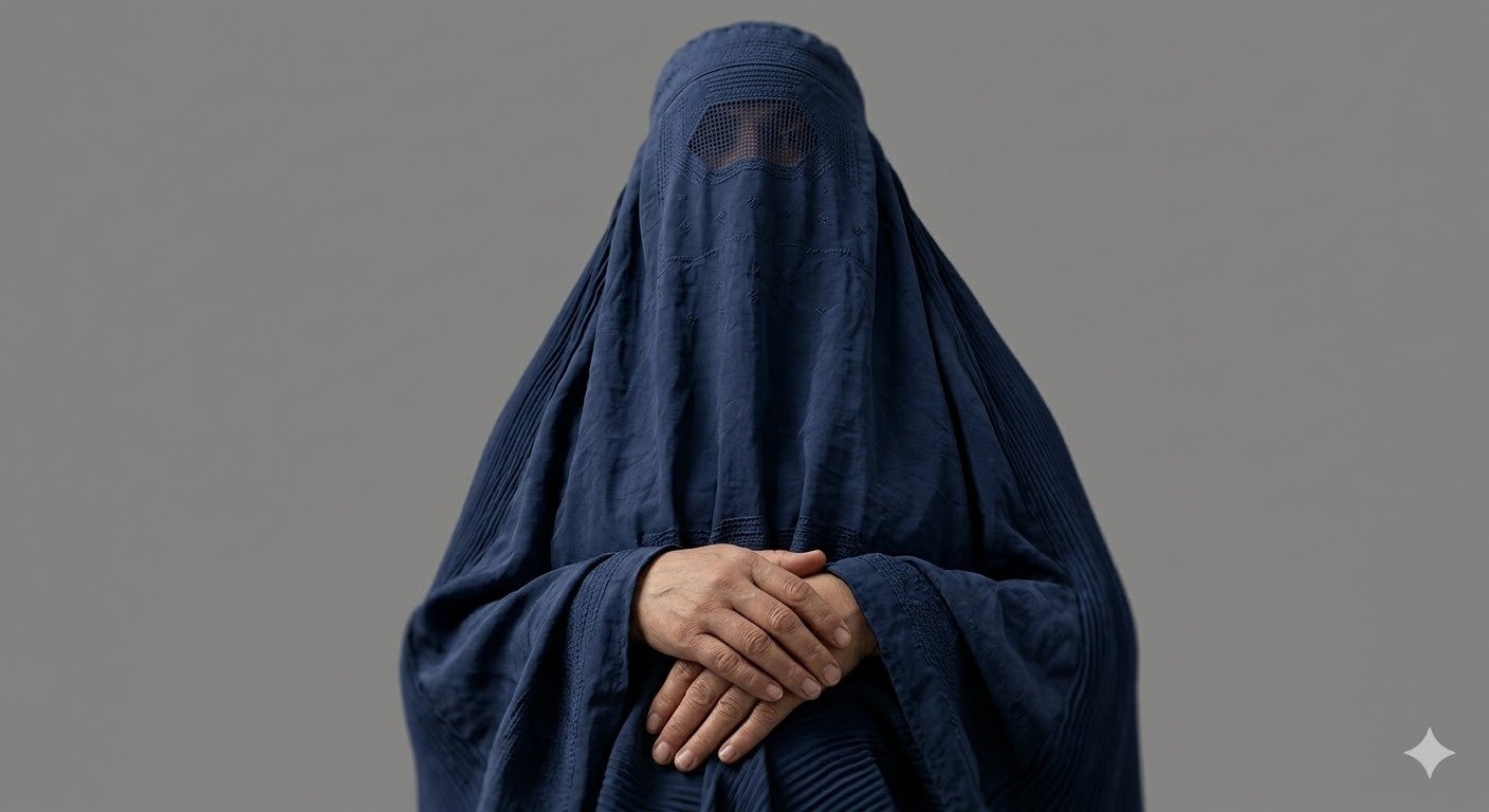 Primer plano fotorrealista de una mujer vistiendo un burka de color azul oscuro sobre un fondo gris neutro y uniforme.