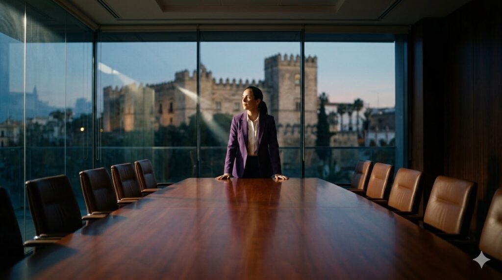 Plano fotorrealista general de una mujer sola en la cabecera de una gran mesa de consejo de administración vacía, mirando por un ventanal hacia el Alcázar de Jerez al atardecer.