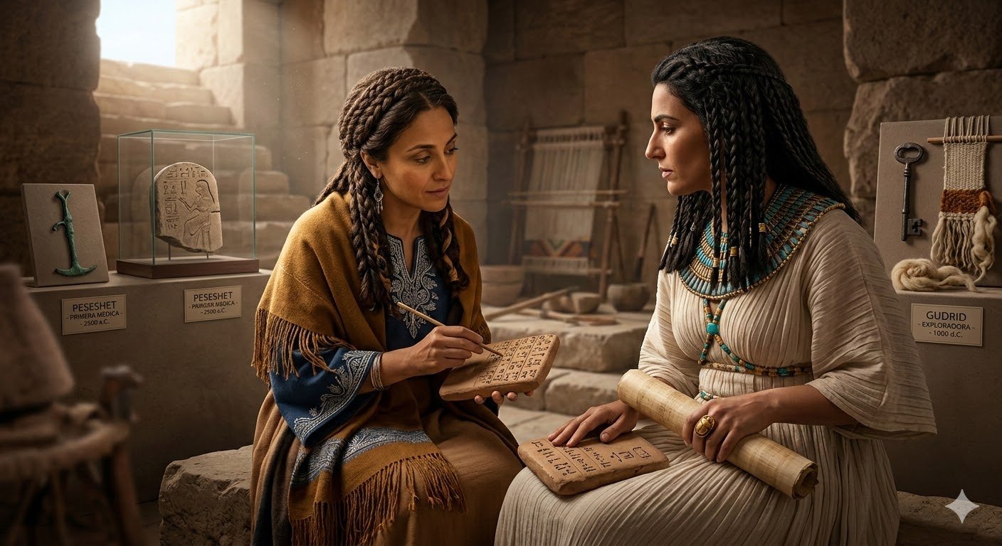 Una imagen fotorrealista que muestra a Enheduanna, la primera escritora del 2285 a.C., y Merneith, la primera faraona del 2970 a.C., compartiendo conocimientos sobre tablillas cuneiformes y jeroglíficos en un entorno arqueológico simbólico. Al fondo, se aprecian artefactos que representan a Peseshet (medicina) y Gudrid (exploración), junto con un telar que evoca el primer salario femenino.