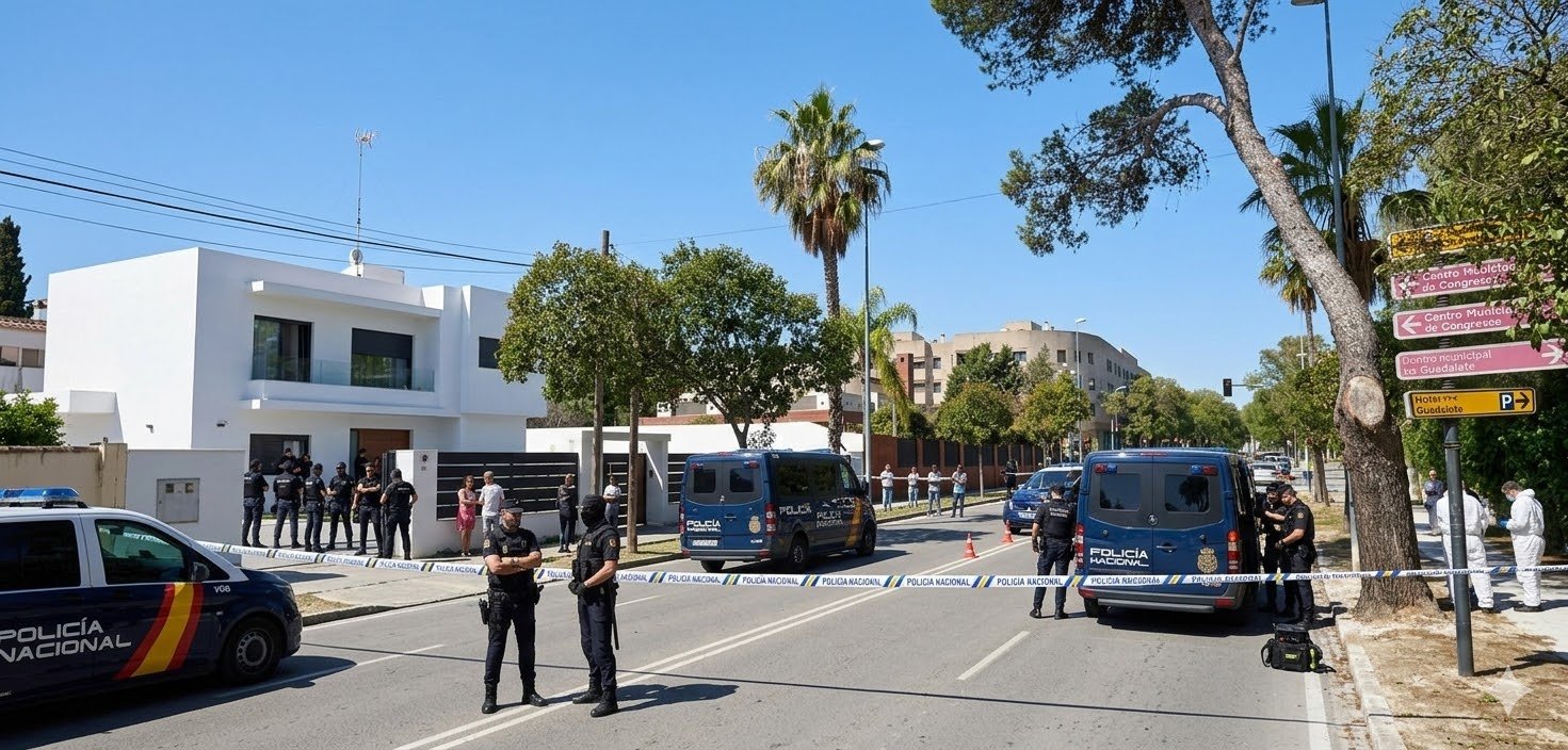 Fotografía documental de una gran operación policial en la Avenida de la Cruz Roja, Jerez de la Frontera, basada en image_2.png. Muestra furgones y agentes de la UIP acordonando y registrando un gran chalé moderno bajo luz diurna, con la señalización específica del Centro de Congresos visible.