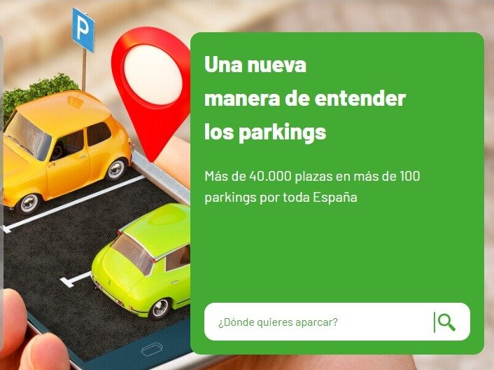 Captura de pantalla de la web corporativa de la empresa gestora de parkings en Jerez, con un diseño verde y coches coloridos bajo el lema "Una nueva manera de entender los parkings".