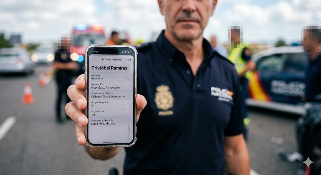 Un agente de la Policía Nacional muestra a cámara la pantalla de un teléfono móvil con la ficha de datos médicos de emergencia (Emergency Medical ID) activa y legible, con el nombre 'Cristóbal Ramírez', en el lugar de un accidente con vehículos de emergencia borrosos al fondo.