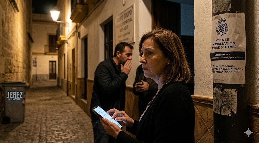Mujer en una calle de Jerez observando un cartel policial sobre sectas mientras usa su teléfono móvil en un entorno nocturno.