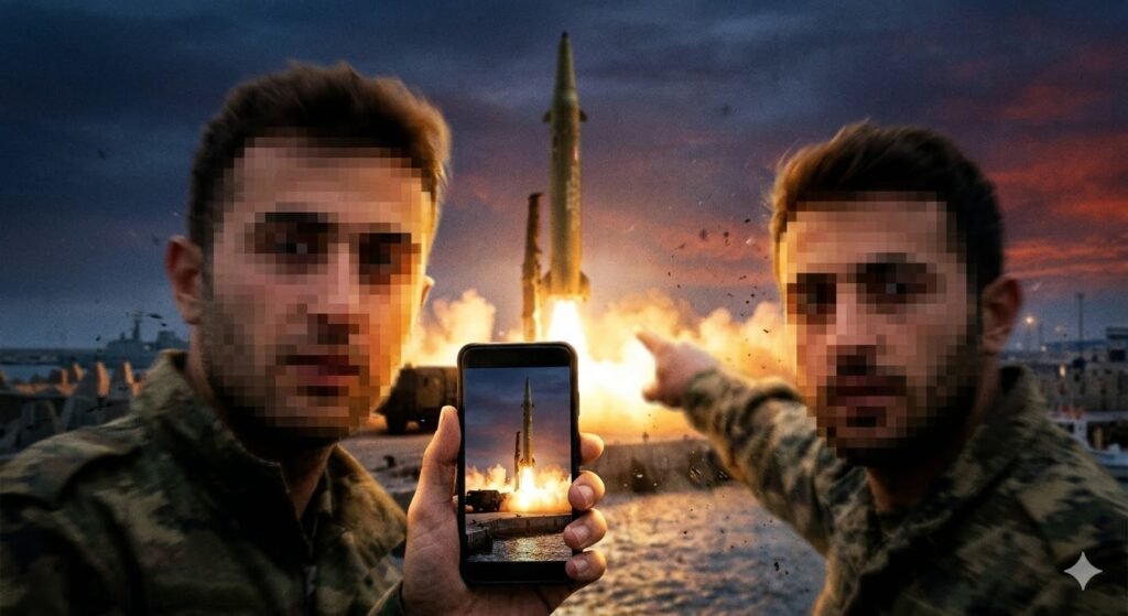 Primer plano extremo de dos soldados con rostros pixelados grabando el lanzamiento de un misil con un teléfono móvil.