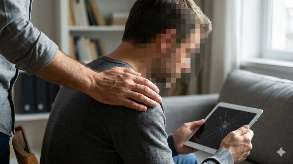 Primer plano de un joven con la cara pixelada sujetando una tablet con la pantalla rota mientras una mano amiga se apoya en su hombro en señal de apoyo y detección de problemas digitales.