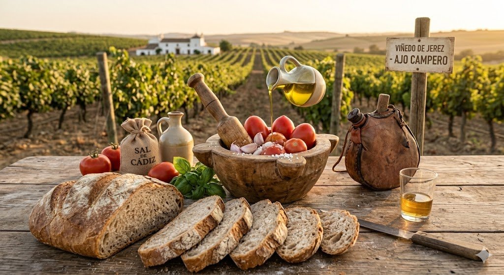 Bodegón rústico en un viñedo de Jerez con pan de telera rebanado, dornillo con tomates y ajos, y una bota de vino sobre mesa de madera.