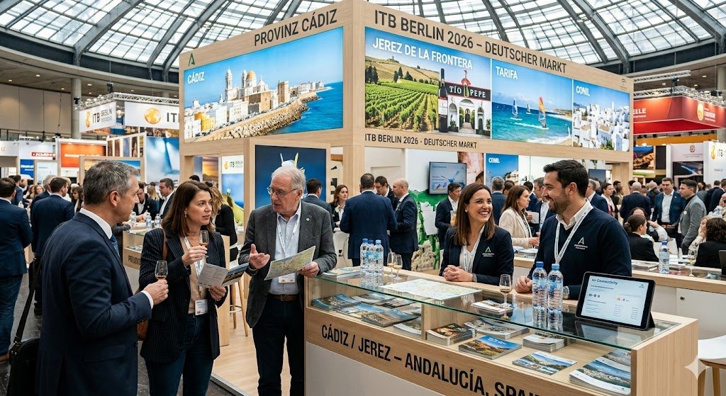 A vibrant photograph capturing the busy 'Cadiz & Jerez, Andalusia, Spain' section at ITB Berlin 2026. The scene shows the modern stand with prominent "Provinz Cádiz" and "Jerez de la Frontera" branding in German and English. A large crowd of international attendees interacts with smiling staff at a central counter. Backlit displays feature stunning visuals of Cadiz's coastal views, historic sherry vineyards (Viñedos), and Tarifa's beaches. In the foreground, professionals hold glasses of sherry while discussing brochures, illustrating dynamic networking and cultural sampling within the German market hall.