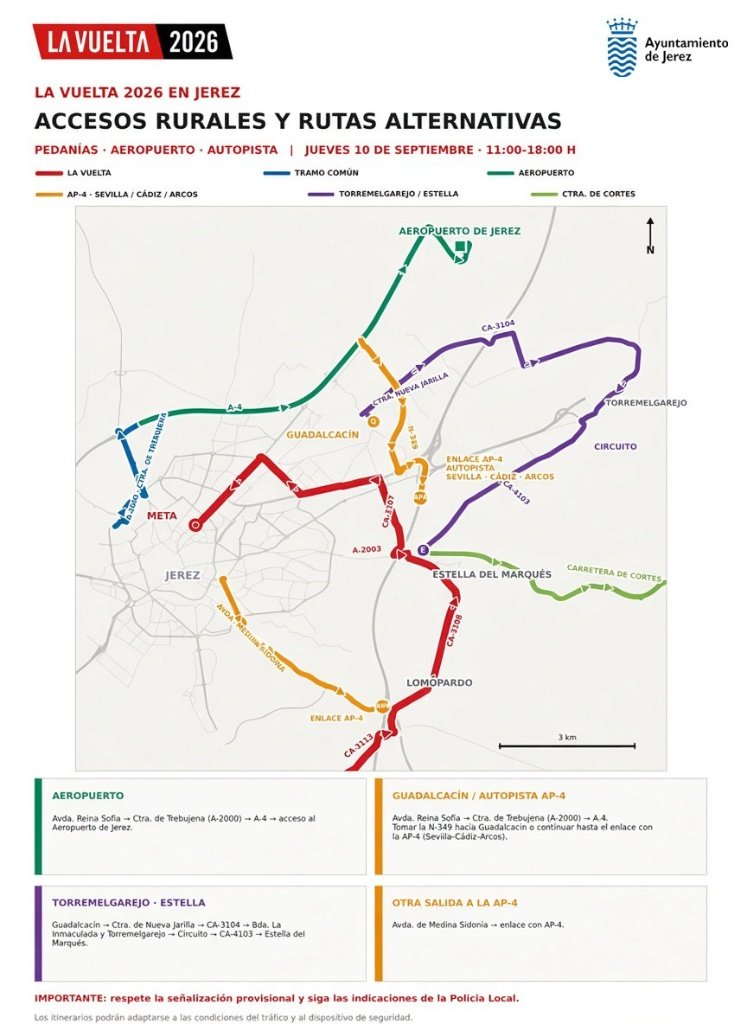 Mapa del Ayuntamiento de Jerez con los accesos a las zonas rurales, pedanías, aeropuerto y autopista AP-4 durante La Vuelta Ciclista a España.