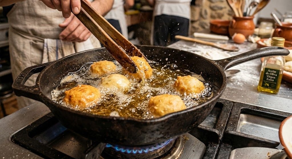 Fotografía en primer plano de almojábanas doradas friéndose en aceite de oliva virgen extra burbujeante dentro de una sartén de hierro fundido negra sobre una estufa de gas encendida, con un cocinero usando pinzas de madera y una botella de aceite de oliva en el fondo borroso de una cocina rústica.