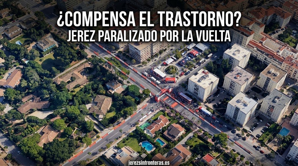 Fotografía aérea en formato panorámico de la avenida Álvaro Domecq en Jerez cortada al tráfico con vallas y montaje del evento de La Vuelta Ciclista, incluyendo el titular "¿Compensa el trastorno? Jerez paralizado por La Vuelta" sobreimpreso en la parte superior.