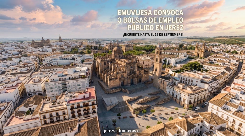 Vista aérea panorámica de la Catedral de Jerez de la Frontera y el casco histórico bajo un cielo al atardecer, con el titular sobre las bolsas de empleo de EMUVIJESA y el logo de jerezsinfronteras.es.