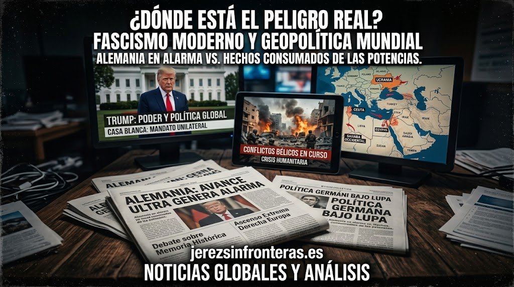 Fotografía conceptual en alto contraste que muestra periódicos impresos sobre una mesa de madera con titulares sobre la extrema derecha en Alemania, junto a pantallas digitales encendidas con mapas geopolíticos y noticias sobre conflictos internacionales, la Casa Blanca e Israel.
