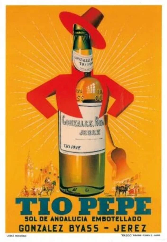 Cartel publicitario histórico de Tío Pepe de Luis Pérez Solero con el eslogan Sol de Andalucía embotellado y elementos típicos de Jerez.