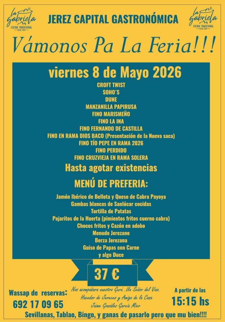 Cartel oficial de la Cata de Preferia 2026 en el Restaurante La Gabriela: un festín de vinos en rama, gastronomía típica y el mejor ambiente jerezano para calentar motores antes de la Feria del Caballo.